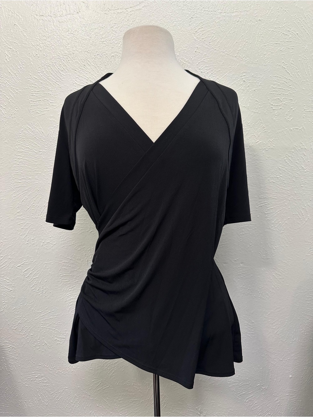 Simonton Says Black Faux Wrap Ruched Top Size S